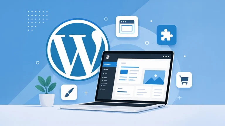 Illustration WordPress montrant un tableau de bord moderne avec plugins, thème et outils de création de site web