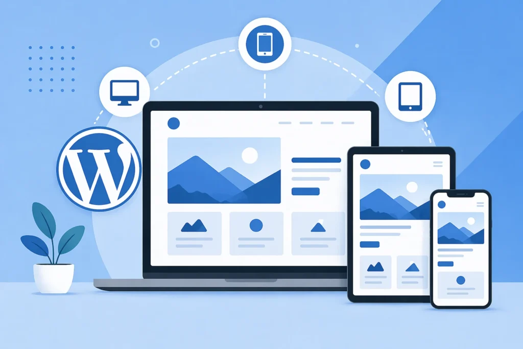Illustration WordPress montrant un site responsive adapté sur ordinateur, tablette et smartphone
