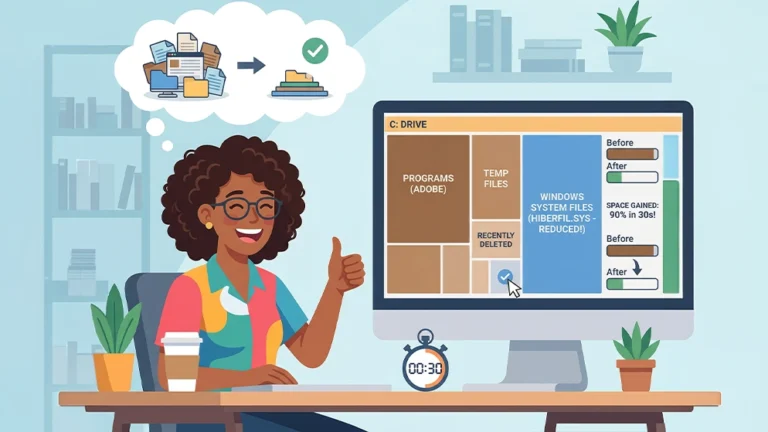 Illustration de SpaceSniffer montrant l'analyse de l'espace disque avec une visualisation treemap des fichiers volumineux