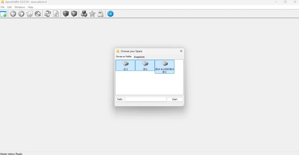 Fenêtre de sélection des disques dans SpaceSniffer pour analyser plusieurs lecteurs.