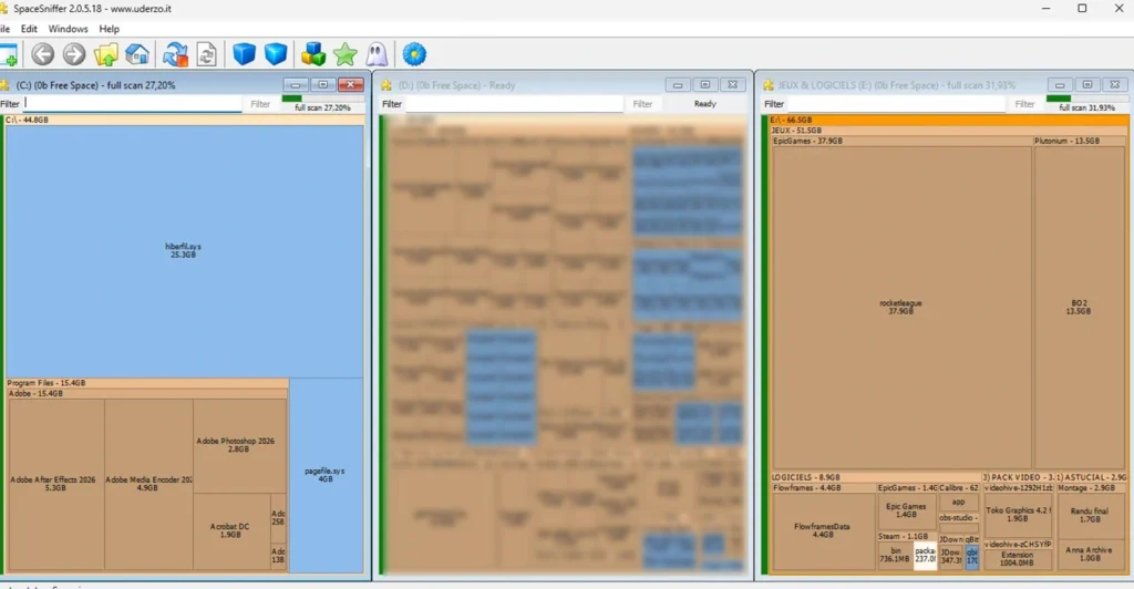 Affichage de l'espace disque sur plusieurs disques avec SpaceSniffer et visualisation treemap des fichiers volumineux
