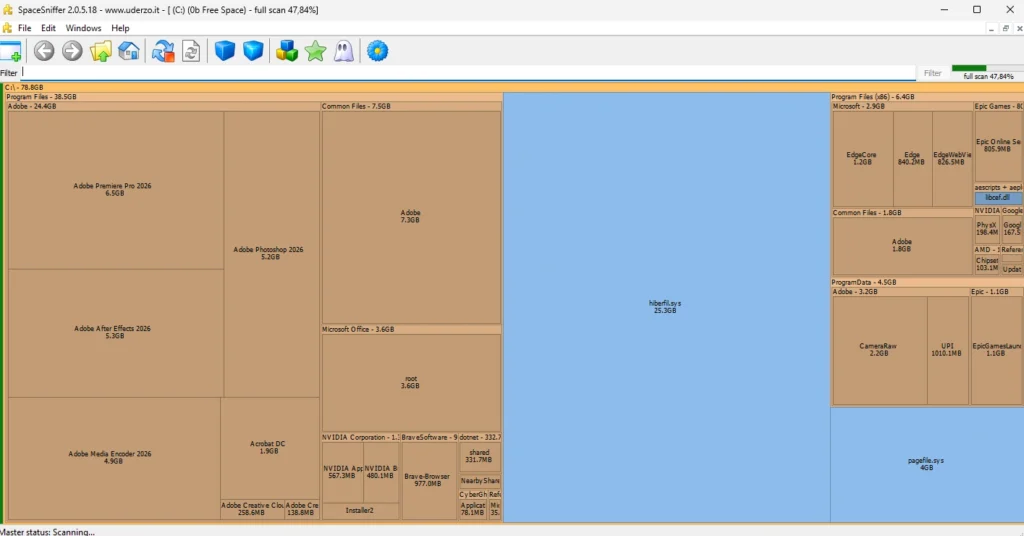 Interface de SpaceSniffer montrant les fichiers qui occupent le plus d'espace sur un disque Windows