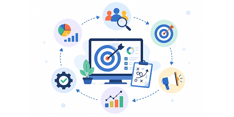 Illustration d'une stratégie de marketing digital avec objectifs, analyse de données, ciblage, publicité et optimisation