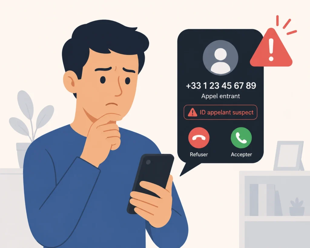 Homme regardant son téléphone avec un appel entrant suspect affichant un ID appelant falsifié
