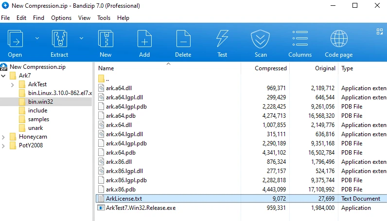 Interface de Bandizip sous Windows affichant le contenu d'une archive ZIP