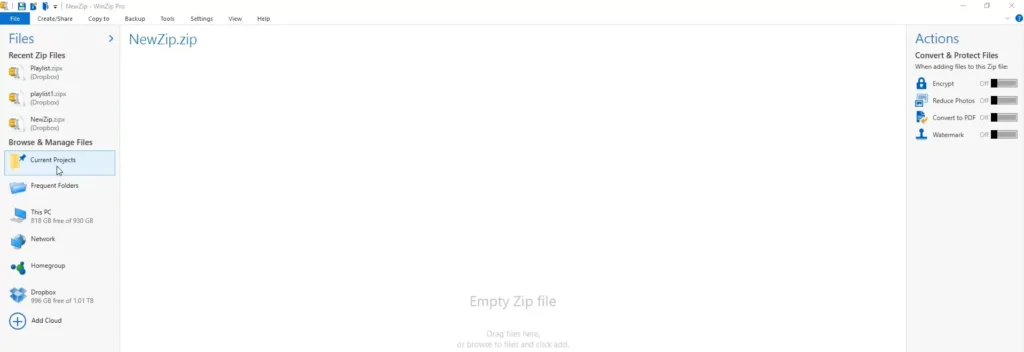 Interface de WinZip sous Windows affichant un fichier ZIP vide