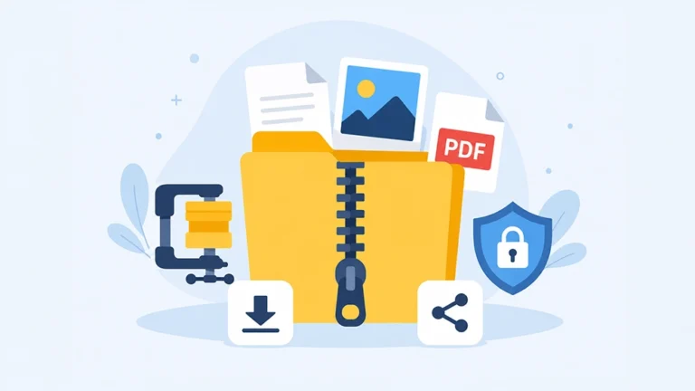 Illustration flat design d'un logiciel ZIP gratuit avec un dossier compressé, des fichiers, un cadenas de sécurité et des icônes de partage et téléchargement.