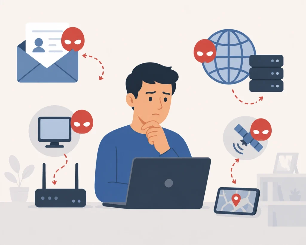 Illustration des différents types de spoofing : email, DNS, ARP, GPS et usurpation d'adresse IP