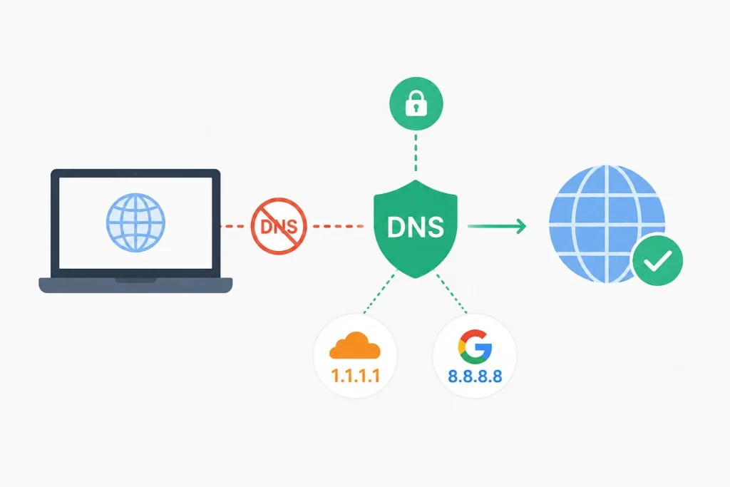 Illustration montrant le changement de DNS pour contourner un blocage FAI, avec les DNS publics Cloudflare et Google.