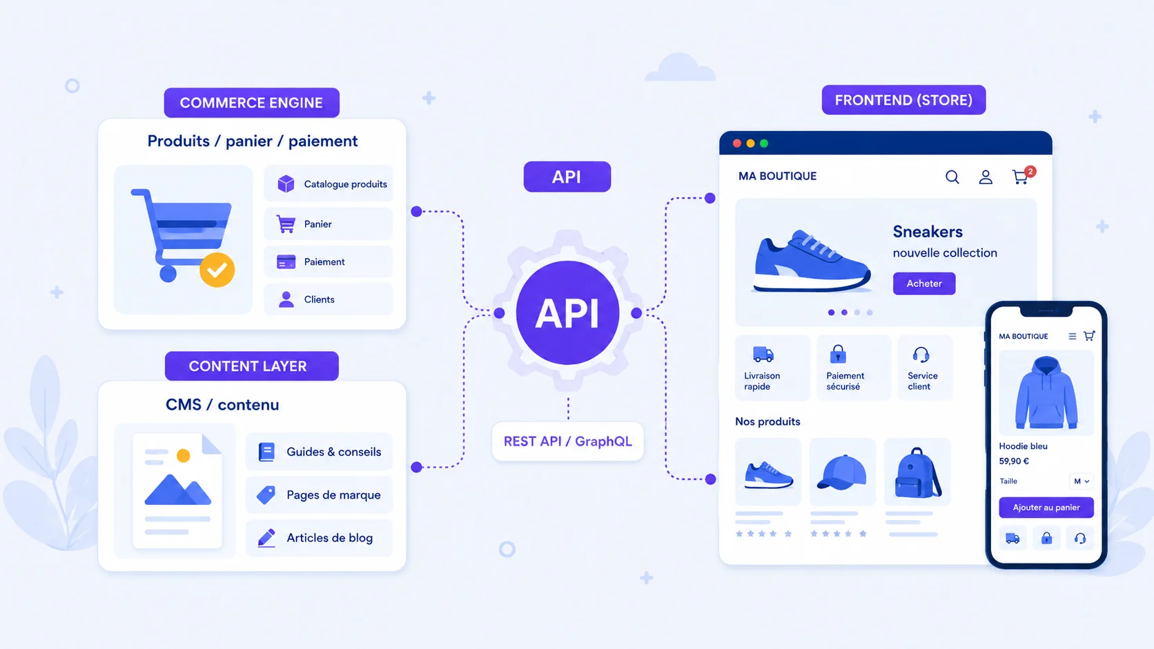 Architecture e-commerce headless reliant Shopify, un CMS et un frontend personnalisé