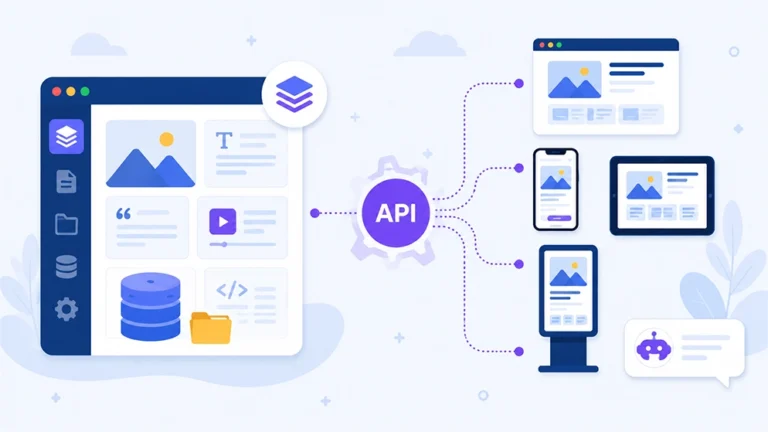 Schéma d'un CMS headless reliant un backend de contenu à plusieurs interfaces via une API