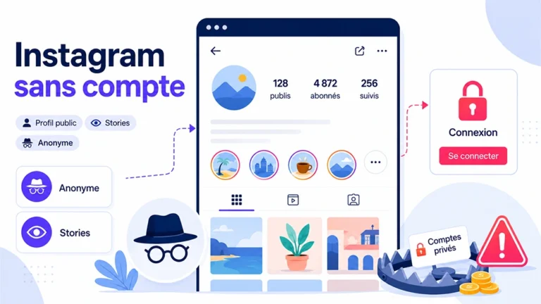 Illustration sur Instagram sans compte avec profils publics, stories anonymes et avertissement sur les comptes privés