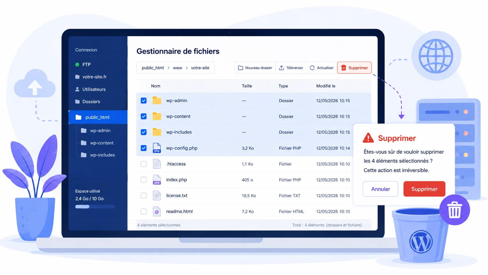 Illustration du gestionnaire de fichiers FTP avec les dossiers WordPress à supprimer