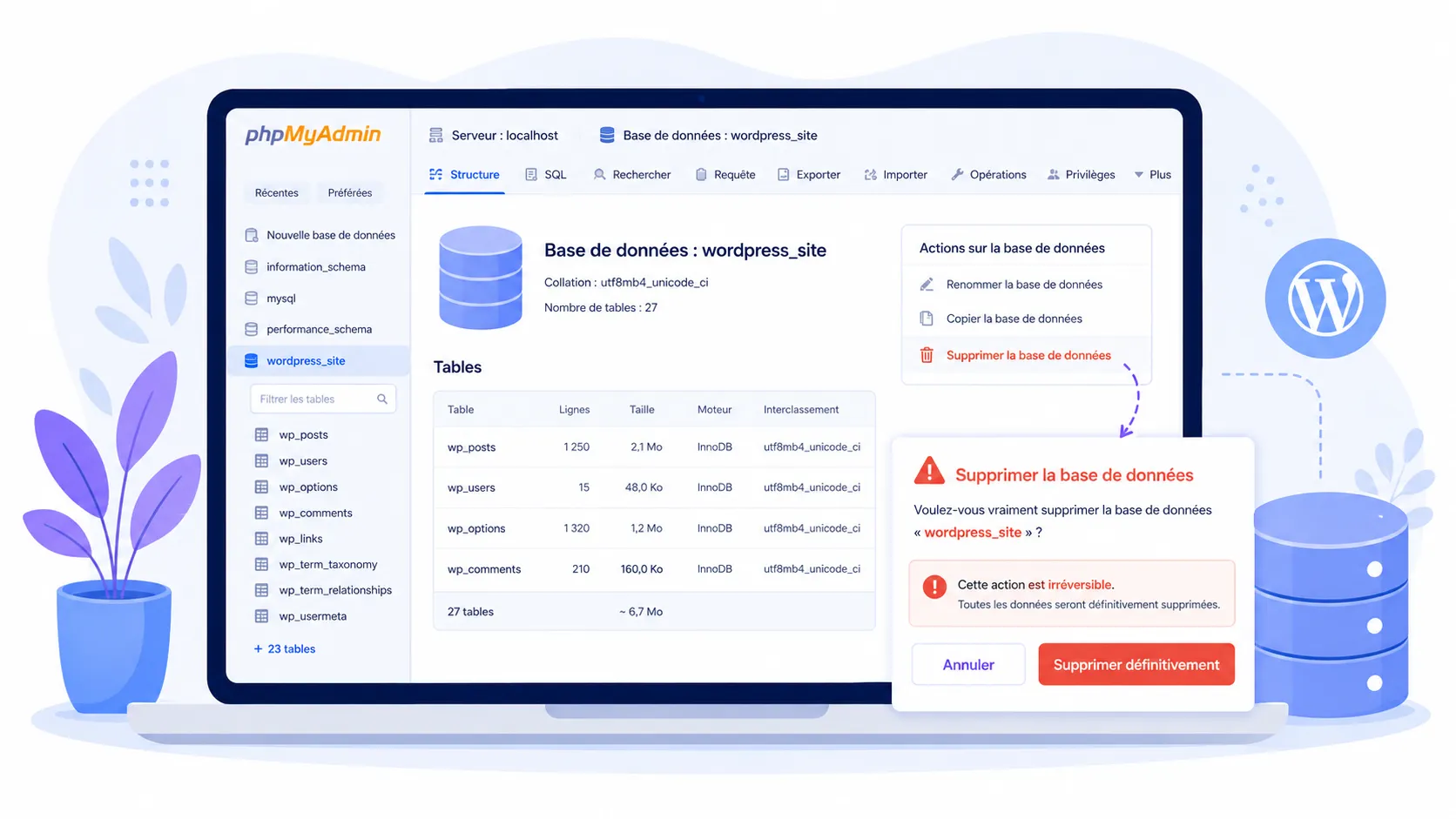 Illustration de la suppression d'une base de données WordPress dans phpMyAdmin