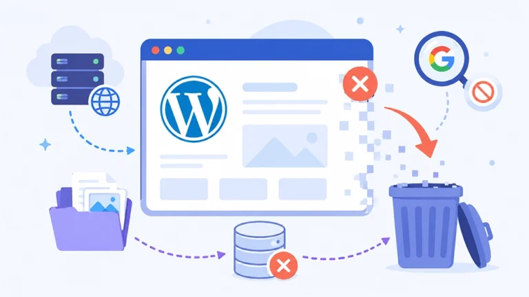 Illustration d'un site WordPress en cours de suppression avec fichiers, base de données, hébergement et nettoyage Google