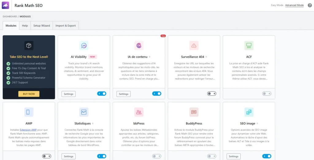 Interface de RankMath sur WordPress