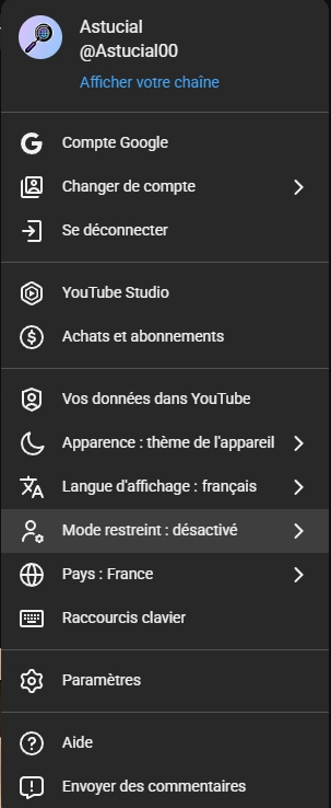 Menu du compte YouTube permettant d'accéder au réglage du mode restreint