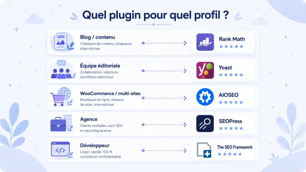 Quel plugin SEO WordPress choisir entre Rank Math, Yoast, AIOSEO, SEOPress et The SEO Framework selon son profil