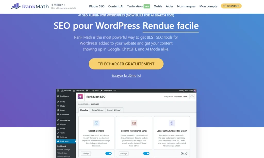 Page d'accueil de Rank Math SEO présentant l'extension WordPress