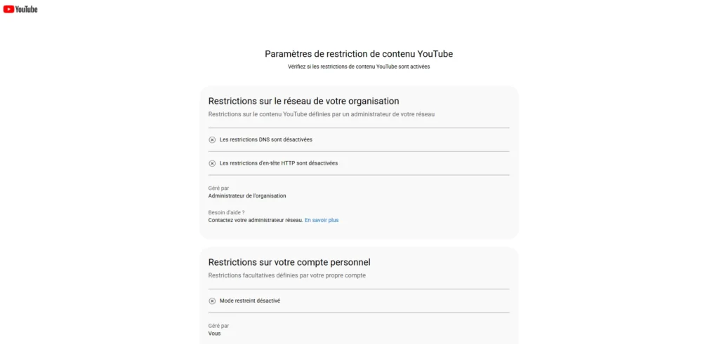 Page YouTube indiquant les restrictions de contenu actives sur le compte ou le réseau