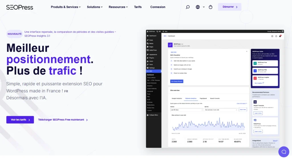 Page d'accueil de SEOPress présentant son extension SEO pour WordPress