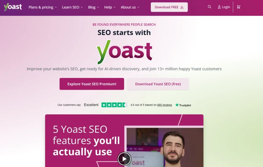 Page d'accueil de Yoast SEO présentant son extension WordPress