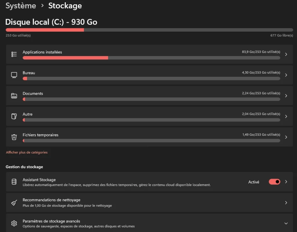 Assistant Stockage de Windows 11 dans Paramètres > Système > Stockage