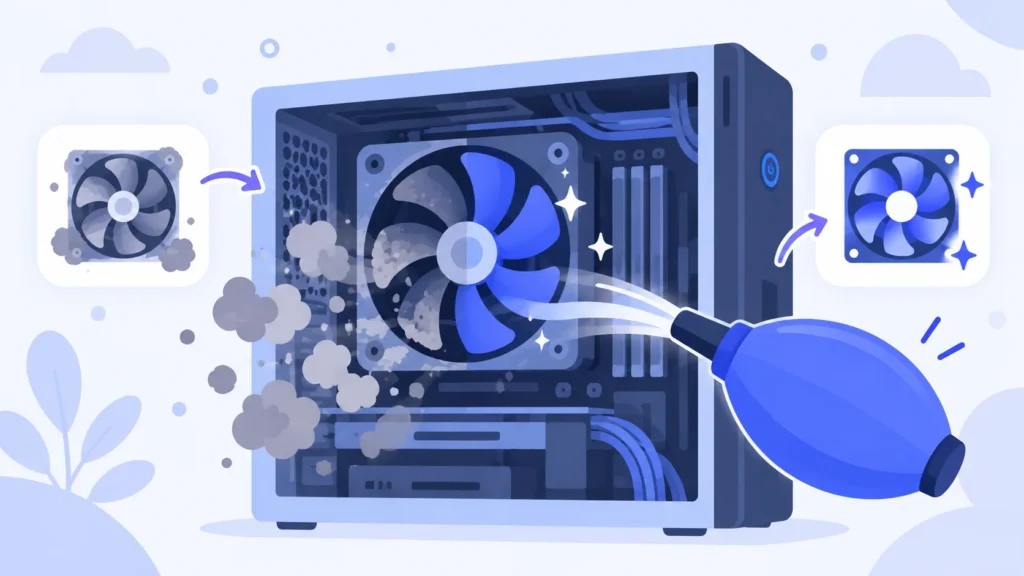 Illustration du dépoussiérage d'un ventilateur de PC avec une soufflette