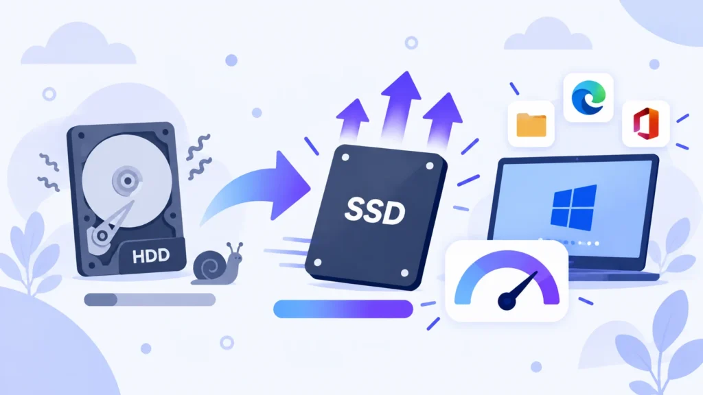 Illustration du passage d'un disque dur HDD à un SSD pour accélérer un PC