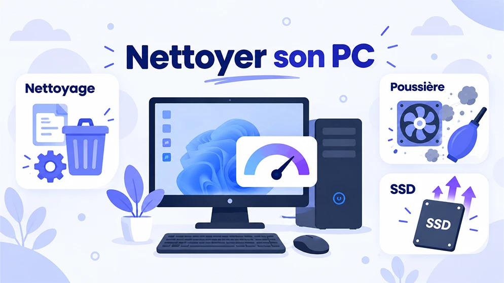 Illustration d'un PC avec nettoyage logiciel, dépoussiérage et passage à un SSD