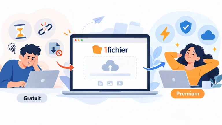 Illustration de 1fichier comparant les limitations du téléchargement gratuit aux avantages de l'abonnement Premium.