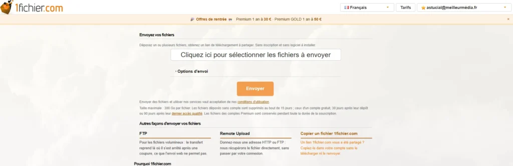 Interface officielle de 1fichier.com avec les options d'envoi et de partage de fichiers en ligne.