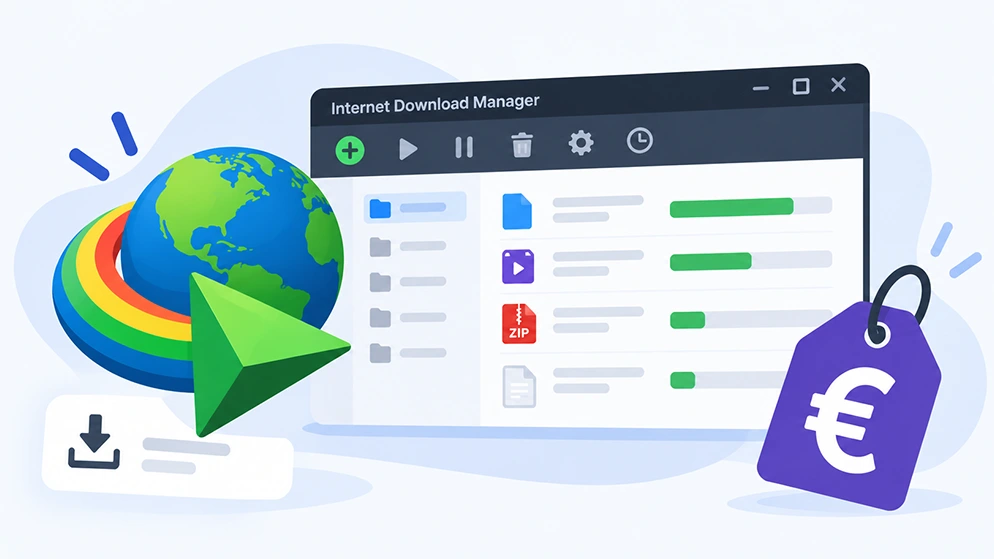 Illustration d'Internet Download Manager avec son logo, une fenêtre de gestion des téléchargements et une étiquette de prix en euros.