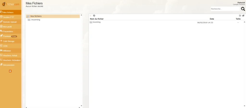 Tableau de bord 1fichier affichant l'espace Mes fichiers, la gestion des dossiers et les options du compte Premium.