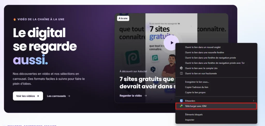 Menu contextuel du navigateur affichant l'option " Télécharger avec IDM " après un clic droit sur un lien.