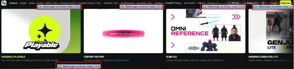 Boutons " Télécharger ce fichier Vidéo " affichés par Internet Download Manager au-dessus de plusieurs vidéos dans le navigateur.