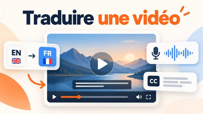 Illustration de traduction de vidéo avec sous-titres, doublage audio et passage de l'anglais au français.