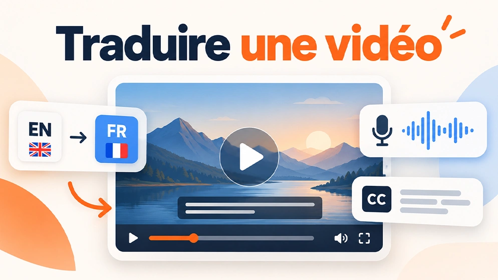 Illustration de traduction de vidéo avec sous-titres, doublage audio et passage de l'anglais au français.