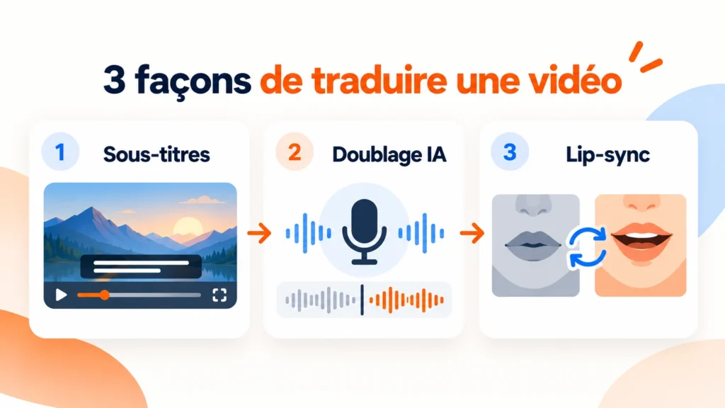Les trois méthodes pour traduire une vidéo : sous-titres, doublage IA et synchronisation labiale