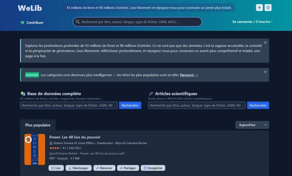 Interface de WeLib avec sa barre de recherche de livres et d'articles scientifiques, et les options de lecture et de téléchargement.