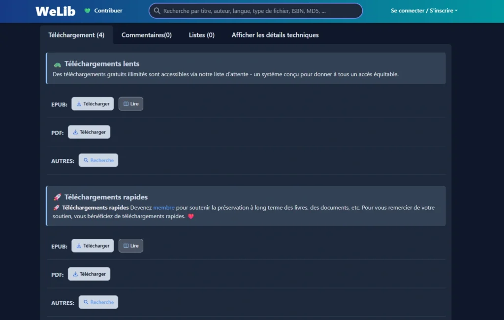 Options de téléchargement sur WeLib : accès gratuit avec file d'attente ou téléchargement rapide pour les membres, en EPUB et PDF.
