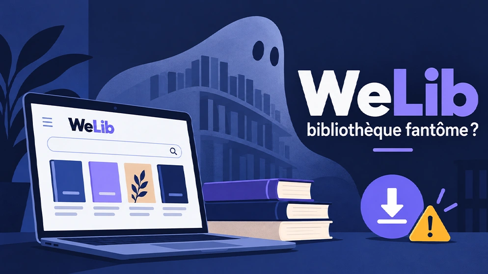Illustration de WeLib, une bibliothèque fantôme de livres numériques, avec un ordinateur, des livres et un symbole d'avertissement.